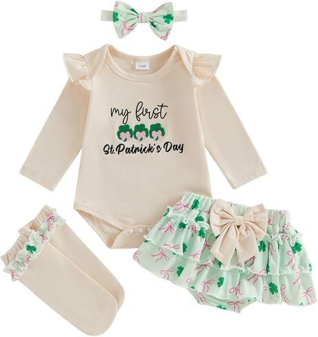 FIOMVA My First Valentines Day Outfits Clothes Dress Baby Girl Bubble Romper+Tiered Ruffle Shorts Blommers Bow Socks Set in Saudi Arabia