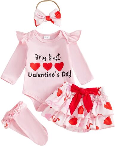 FIOMVA My First Valentines Day Outfits Clothes Dress Baby Girl Bubble Romper+Tiered Ruffle Shorts Blommers Bow Socks Set in Saudi Arabia