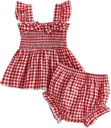 Baby Girl Summer Clothes Infant Outfits Dress Top + Bloomers Shorts | Baby Girl Outfits, Newborn Girl Clothes, 3 6 9 12 18 24 Months, Fly Sleeve, Bowknot Gingham Top, Baby Bloomers, 2 Pcs Set in Saudi Arabia