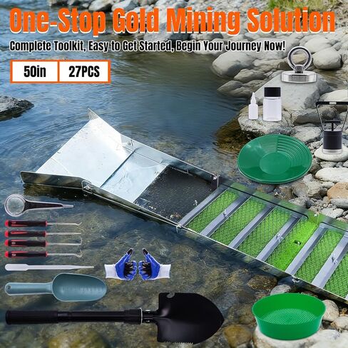27PCS Complete Gold Panning Kit with 50" Folding Sluice Box | Portable Aluminum Alloy Gold Sluice Equipment, Includes Gold Pan, Classifier Screen, Separating Magnet, Backpack and More in Saudi Arabia