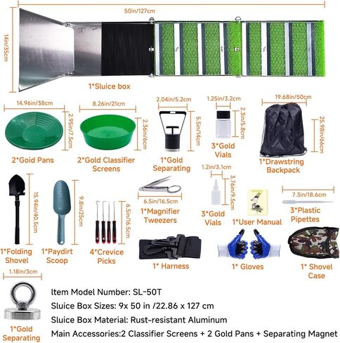 27PCS Complete Gold Panning Kit with 50" Folding Sluice Box | Portable Aluminum Alloy Gold Sluice Equipment, Includes Gold Pan, Classifier Screen, Separating Magnet, Backpack and More in Saudi Arabia