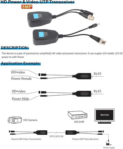 BRRNOO Video Balun، موصل كاميرا عالي الدقة تناظري إلى محول كاميرا IP مع جهاز إرسال واستقبال طاقة فيديو BNC إلى موصل RJ45 زوج واحد من محور CCTV السلبي لـ in Kuwait