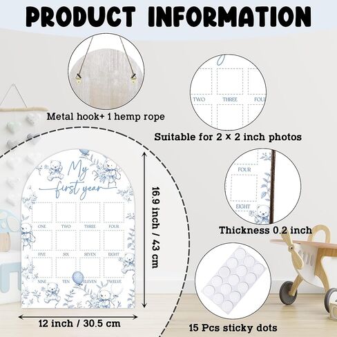 لوحة صور Blue Toile My First Year، علامات معالم الدب الطفل للأولاد والبنات ديكور الحضانة، إطار صور خشبي للسنة الأولى، لوحة صور 12 شهرًا لصور 2x2، أفضل هدايا تذكارية للأطفال-A02 in Kuwait