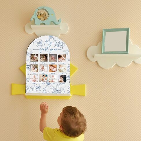 لوحة صور Blue Toile My First Year، علامات معالم الدب الطفل للأولاد والبنات ديكور الحضانة، إطار صور خشبي للسنة الأولى، لوحة صور 12 شهرًا لصور 2x2، أفضل هدايا تذكارية للأطفال-A02 in Kuwait