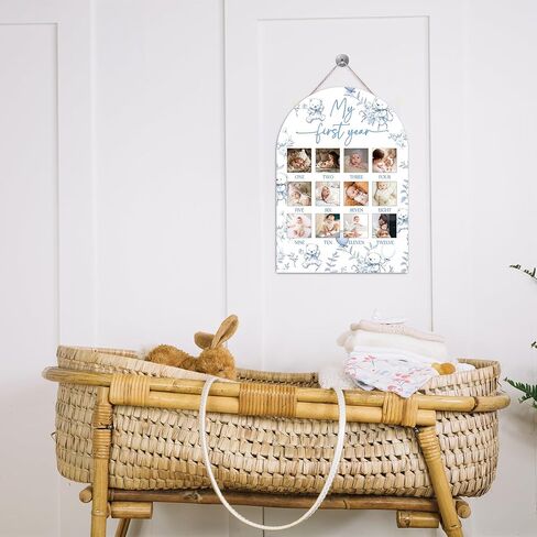 لوحة صور Blue Toile My First Year، علامات معالم الدب الطفل للأولاد والبنات ديكور الحضانة، إطار صور خشبي للسنة الأولى، لوحة صور 12 شهرًا لصور 2x2، أفضل هدايا تذكارية للأطفال-A02 in Kuwait