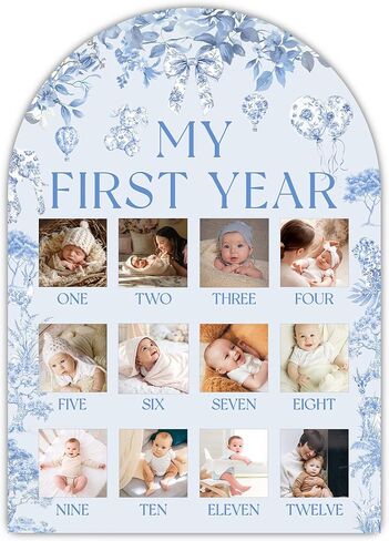 لوحة صور Blue Toile My First Year، علامات معالم الدب الطفل للأولاد والبنات ديكور الحضانة، إطار صور خشبي للسنة الأولى، لوحة صور 12 شهرًا لصور 2x2، أفضل هدايا تذكارية للأطفال-A02 in Kuwait