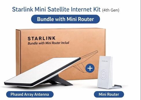 طقم الإنترنت عبر الأقمار الصناعية Starlink Mini (الجيل الرابع) - حزمة مع جهاز توجيه صغير - هوائي صفيف مرحلي عالي السرعة ومنخفض الكمون - إنترنت محمول للمركبات الترفيهية والتخييم والقوارب والعمل عن بعد والاستخدام خارج الشبكة in Kuwait