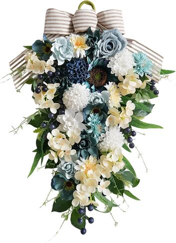 Idyllic 25 Inch Spring Blue Rose Door Hanging Artificial Floral Swag for Front Door Window Porch Stair Railing Spring Holiday Indoor Outdoor Home Decor in Saudi Arabia