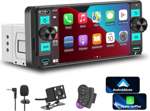 ستيريو سيارة راديو Din واحد مع Apple CarPlay، راديو شاشة تعمل باللمس Din واحد، راديو السيارة بلوتوث يدعم Android Auto، وصلة مرآة، راديو السيارة مع كاميرا احتياطية GPS USB ونوع C FM/AM SWC EQ MIC in Kuwait