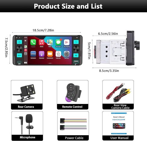 ستيريو سيارة راديو Din واحد مع Apple CarPlay، راديو شاشة تعمل باللمس Din واحد، راديو السيارة بلوتوث يدعم Android Auto، وصلة مرآة، راديو السيارة مع كاميرا احتياطية GPS USB ونوع C FM/AM SWC EQ MIC in Kuwait