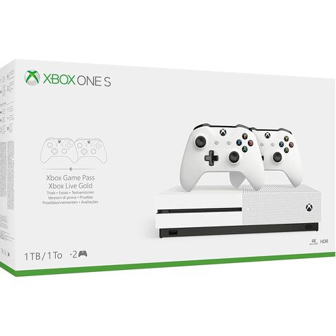 حزمة Microsoft Xbox One S مع وحدتي تحكم، 4K، 1 تيرابايت HDD، أبيض (متجدد) in Kuwait