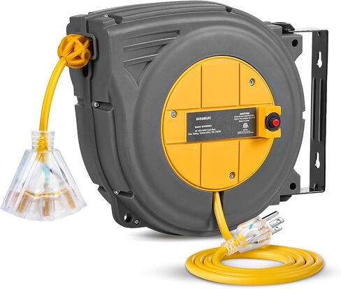 SURAIELEC 50 FT Retractable Extension Cord Reel, 14AWG/3C SJTW Power Cord Storage Reel, 3 Outlets Triple Tap, 13A Circuit Breaker, Wall Mount/Ceiling Hanging for Workshop, Garage, ETL Listed in Saudi Arabia