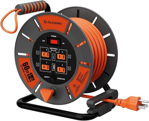 60 FT Retractable Extension Cord Reel, 14AWG SJTOW Heavy Duty Power Cord with 4 Grounded Outlets, USB-A & USB-C Ports, 13A Circuit Breaker, Hand Crank for Indoor Outdoor Use, ETL Listed, Orange in Saudi Arabia