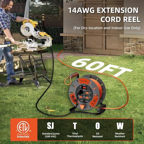60 FT Retractable Extension Cord Reel, 14AWG SJTOW Heavy Duty Power Cord with 4 Grounded Outlets, USB-A & USB-C Ports, 13A Circuit Breaker, Hand Crank for Indoor Outdoor Use, ETL Listed, Orange in Saudi Arabia