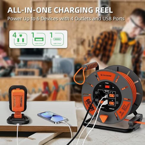60 FT Retractable Extension Cord Reel, 14AWG SJTOW Heavy Duty Power Cord with 4 Grounded Outlets, USB-A & USB-C Ports, 13A Circuit Breaker, Hand Crank for Indoor Outdoor Use, ETL Listed, Orange in Saudi Arabia