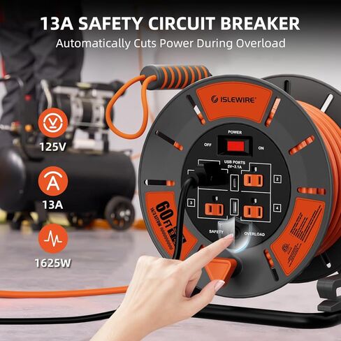 60 FT Retractable Extension Cord Reel, 14AWG SJTOW Heavy Duty Power Cord with 4 Grounded Outlets, USB-A & USB-C Ports, 13A Circuit Breaker, Hand Crank for Indoor Outdoor Use, ETL Listed, Orange in Saudi Arabia