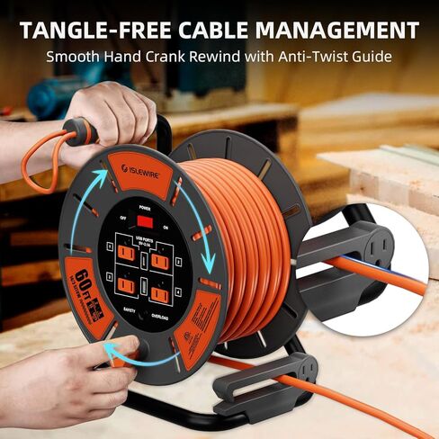60 FT Retractable Extension Cord Reel, 14AWG SJTOW Heavy Duty Power Cord with 4 Grounded Outlets, USB-A & USB-C Ports, 13A Circuit Breaker, Hand Crank for Indoor Outdoor Use, ETL Listed, Orange in Saudi Arabia