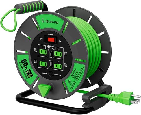 60 FT Retractable Extension Cord Reel, 14AWG SJTOW Heavy Duty Power Cord with 4 Grounded Outlets, USB-A & USB-C Ports, 13A Circuit Breaker, Hand Crank for Indoor Outdoor Use, ETL Listed, Orange in Saudi Arabia
