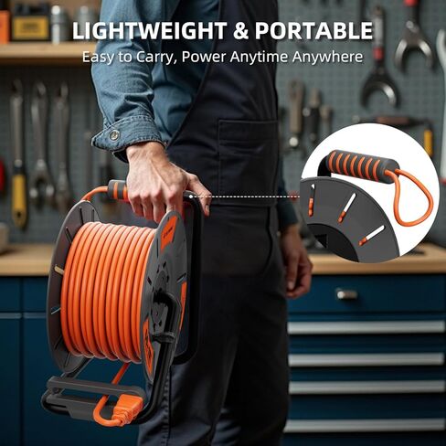 60 FT Retractable Extension Cord Reel, 14AWG SJTOW Heavy Duty Power Cord with 4 Grounded Outlets, USB-A & USB-C Ports, 13A Circuit Breaker, Hand Crank for Indoor Outdoor Use, ETL Listed, Orange in Saudi Arabia