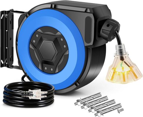 بكرة سلك تمديد قابلة للسحب، سلك طاقة عالي التحمل بطول 50 قدمًا لورشة المرآب، بكرة سلك SJTOW 14AWG/3C، قفل أمان، قاطع دائرة 13 أمبير، 3 منافذ ثلاثية مضاءة، دعامة دوارة 180 درجة، مدرجة في قائمة UL in Kuwait