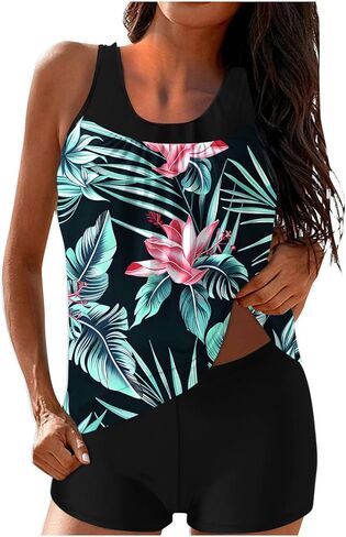 Modest Tankini Swimsuits for Women Tummy Control Two Piece Bathing Suits with Sporty Pockets Swim Shorts in Saudi Arabia