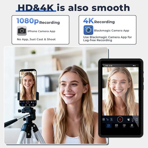 Selfie Monitor Screen for iPhone 17 & Android,Magnetic Wireless 4K Back Camera Monitor with Remote Zoom & Shoot, Built-in Speaker, 1500mAh Battery, for YouTube TikTok Vlogging, Live Stream (Black) in Kuwait