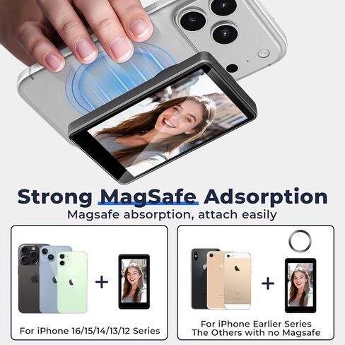 Selfie Monitor Screen for iPhone 17 & Android,Magnetic Wireless 4K Back Camera Monitor with Remote Zoom & Shoot, Built-in Speaker, 1500mAh Battery, for YouTube TikTok Vlogging, Live Stream (Black) in Kuwait