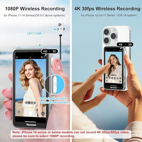 Newmowa Magnetic Vlog Selfie Monitor Screen for iPhone, Touchscreen and Zoom Adjustment, Wireless Rear Camera Monitor for Vlog, TikTok, Support 4K 30fps Wireless Recording for iPhone 15/16/17(Grey) in Saudi Arabia