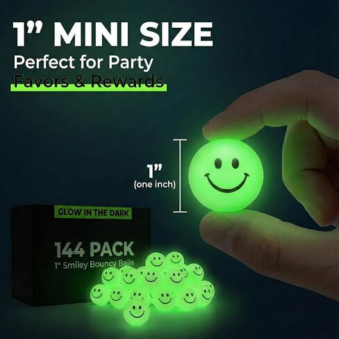 Bedwina Bulk Bouncy Balls Glow in The Dark - 144 Pcs (1inch / 27mm) Diameter, High Bouncing, Small Rubber Smile Face Bouncing Balls for Kids, Vending Machines, Party Favor in Saudi Arabia