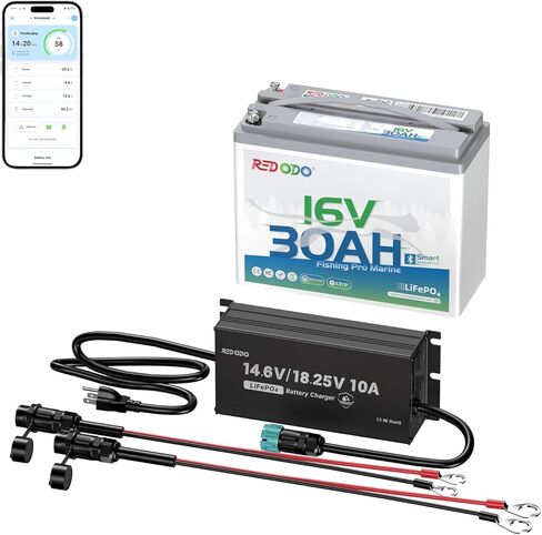 Redodo 16V 30Ah Bluetooth Lithium Marine Battery and 18.4V 10A Charger Set, Low-Temp Cutoff Protections, Perfect for Marine Devices Such as Sonar, Radar, GPS, Fish Finder in Saudi Arabia
