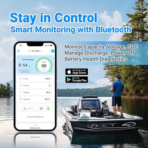 Redodo 16V 30Ah Bluetooth Lithium Marine Battery and 18.4V 10A Charger Set, Low-Temp Cutoff Protections, Perfect for Marine Devices Such as Sonar, Radar, GPS, Fish Finder in Saudi Arabia