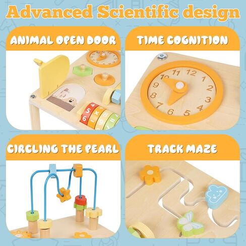 طاولة أنشطة خشبية للأطفال الصغار - مركز أنشطة مونتيسوري متعدد الألوان 8 في 1 ومكعب أنشطة للأطفال مع متاهة من الخرز، وفارز الأشكال، والتروس، وألعاب الرياضيات والساعة، هدية تعليمية للأولاد والبنات بعمر عام واحد in Kuwait