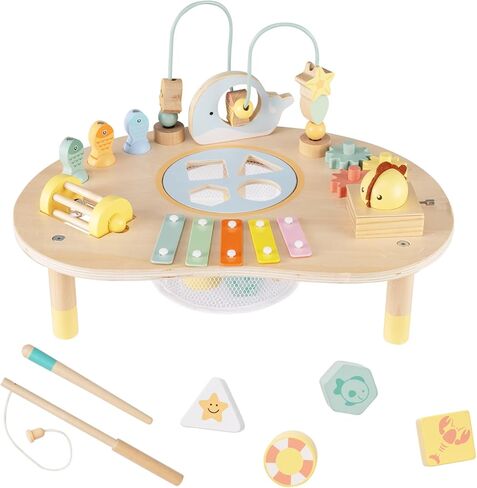 Costzon Activity Table for 1 Year Old, 7-in-1 Wooden Montessori Toys with Fishing Game, Bead Maze, Xylophone & More, Baby Sensory Toys for 12 Months+ Toddlers Boys Girls, Ideal Birthday in Saudi Arabia