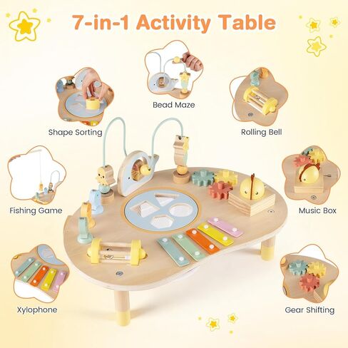 Costzon Activity Table for 1 Year Old, 7-in-1 Wooden Montessori Toys with Fishing Game, Bead Maze, Xylophone & More, Baby Sensory Toys for 12 Months+ Toddlers Boys Girls, Ideal Birthday in Saudi Arabia
