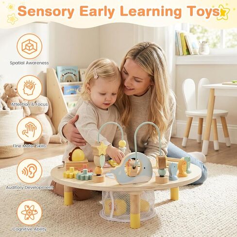 Costzon Activity Table for 1 Year Old, 7-in-1 Wooden Montessori Toys with Fishing Game, Bead Maze, Xylophone & More, Baby Sensory Toys for 12 Months+ Toddlers Boys Girls, Ideal Birthday in Saudi Arabia