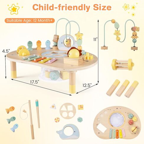 Costzon Activity Table for 1 Year Old, 7-in-1 Wooden Montessori Toys with Fishing Game, Bead Maze, Xylophone & More, Baby Sensory Toys for 12 Months+ Toddlers Boys Girls, Ideal Birthday in Saudi Arabia