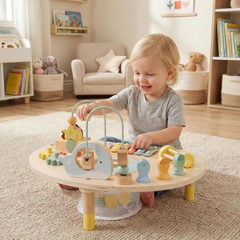 Costzon Activity Table for 1 Year Old, 7-in-1 Wooden Montessori Toys with Fishing Game, Bead Maze, Xylophone & More, Baby Sensory Toys for 12 Months+ Toddlers Boys Girls, Ideal Birthday in Saudi Arabia