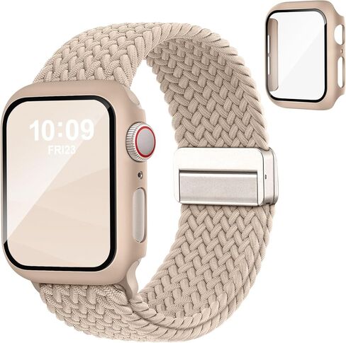 سوار وحافظة مغناطيسية مضفرة متوافقة مع أحزمة ساعات Apple للنساء والرجال 40 مم 44 مم 41 مم 45 مم 42 مم 46 مم، غطاء واقٍ قابل للتمدد بحلقة منفردة وواقي شاشة لسلسلة iWatch 11/SE3/10/9/8/7/6/5/4 in Kuwait