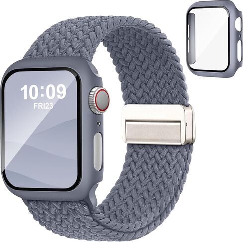 سوار وحافظة مغناطيسية مضفرة متوافقة مع أحزمة ساعات Apple للنساء والرجال 40 مم 44 مم 41 مم 45 مم 42 مم 46 مم، غطاء واقٍ قابل للتمدد بحلقة منفردة وواقي شاشة لسلسلة iWatch 11/SE3/10/9/8/7/6/5/4 in Kuwait
