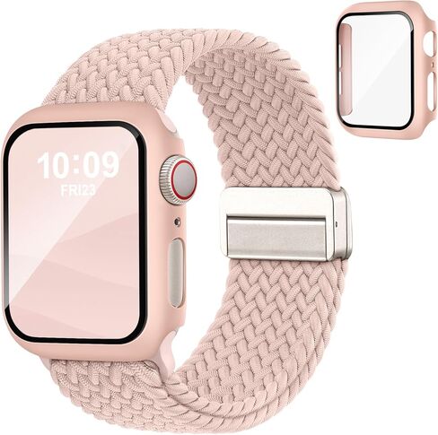 سوار وحافظة مغناطيسية مضفرة متوافقة مع أحزمة ساعات Apple للنساء والرجال 40 مم 44 مم 41 مم 45 مم 42 مم 46 مم، غطاء واقٍ قابل للتمدد بحلقة منفردة وواقي شاشة لسلسلة iWatch 11/SE3/10/9/8/7/6/5/4 in Kuwait