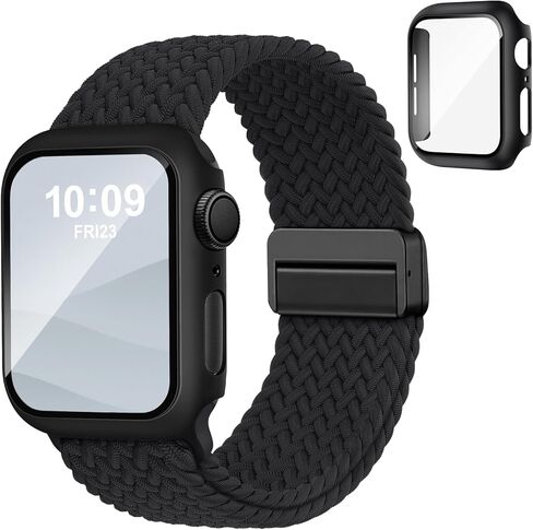 سوار وحافظة مغناطيسية مضفرة متوافقة مع أحزمة ساعات Apple للنساء والرجال 40 مم 44 مم 41 مم 45 مم 42 مم 46 مم، غطاء واقٍ قابل للتمدد بحلقة منفردة وواقي شاشة لسلسلة iWatch 11/SE3/10/9/8/7/6/5/4 in Kuwait