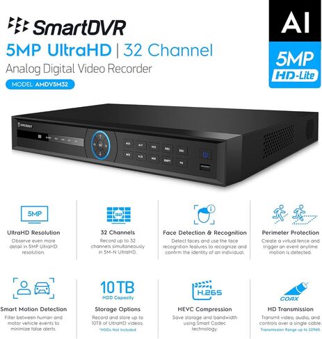 مسجل نظام كاميرا أمان Amcrest 5MP UltraHD 32 قناة DVR، DVR أمني 5MP لكاميرات الأمان التناظرية، الوصول إلى الهاتف الذكي عن بعد، الأقراص الصلبة والكاميرات غير متضمنة (AMDV5M32) in Kuwait