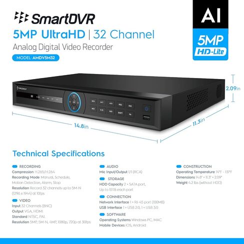 مسجل نظام كاميرا أمان Amcrest 5MP UltraHD 32 قناة DVR، DVR أمني 5MP لكاميرات الأمان التناظرية، الوصول إلى الهاتف الذكي عن بعد، الأقراص الصلبة والكاميرات غير متضمنة (AMDV5M32) in Kuwait