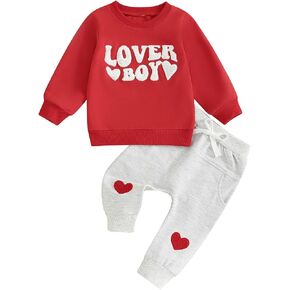 Kupretty Toddler Baby Boy Clothes Valentines Day Outfit Lover Boy Heart Embroidered Crewneck Sweatshirt + Joggers Pants Sets in Kuwait
