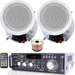 Technical Pro Home Theater System Kit, 2 ch, 600 Watts Bluetooth Amplifier | w/ 2 Qty of 6.5" Framed Ceiling Speakers 200W Each, 50 ft Speaker Wire & Remote Perfect for Home, Restaurant Use in Kuwait