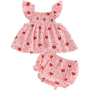 الرضع طفلة عيد الحب الزي القلب رفرفة كم Smocked القمم البنطلونات مجموعة تي شيرتات قصيرة للأطفال 2 قطعة الملابس القطن الكتان in Saudi Arabia