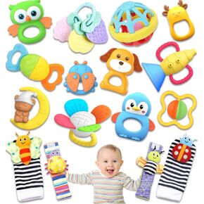AZEN 16 Pack Baby Rattles Teething Toys 3-6 Months, Baby Toys 0-6 Months, Newborn Infant Toys 6-12 Months, Essentials Must Haves Wrist Socks Toddler Stocking Stuffers Christmas Gifts in Saudi Arabia