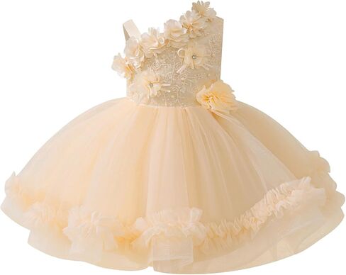 IBTOM CASTLE Infant Baby Flower Girl Dress Asymmetric Shoulder 3D Flowers Toddler Wedding Birthday Party Pageant Tutu Dresses in Saudi Arabia