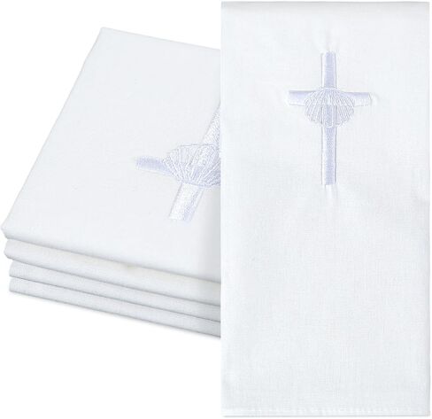 Tudomro 4 Pcs Cross & Shell Baptismal Napkin with Embroidered Christian Baptism Towel Embroidered Baptismal Napkin White Christening Cloth with Cross for Church Home Candidate 12 x 12 Inch in Saudi Arabia