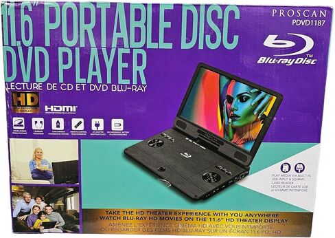 مشغل بلو راي محمول من بروسكان مقاس 11.4 بوصة مع منفذ HDMI وفتحة بطاقة SD/MMC ومنفذ USB ومنفذ إيثرنت وجهاز تحكم عن بعد وتشغيل الأقراص المضغوطة وأقراص DVD ووسائط Blu-ray لاستخدام السيارة أو السفر - PDVD1187 (متجدد) in Kuwait